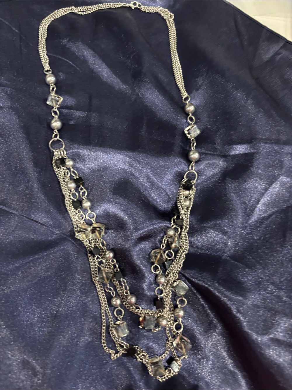 Multi-Strand Silver Crystal Chain Necklace - Women Jewelry